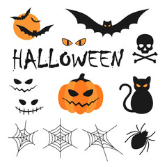 Halloween vector clip art. Collection of hand drawn vector elements on white background. Best for textile, print, wrapping paper, package and festive decoration.