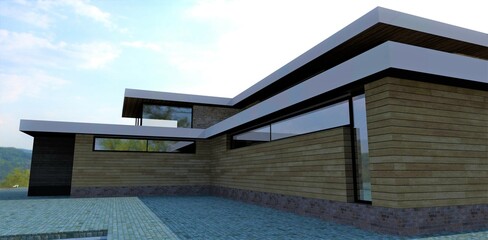 Exclusive design of a country house. Facade board wall finishing option. Interesting window arrangement. Natural pavers and spacious terraces. 3d render.