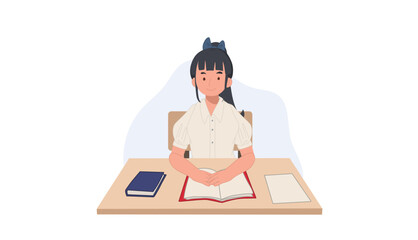 girl in student Uniform is sitting in the classroom. Asian student. Vector illustration.