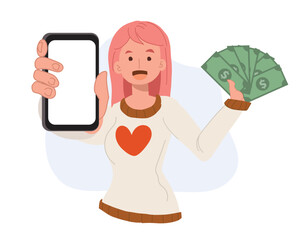 happy woman Holding Smartphone and Money in Hand to Showing How to Make Money Online.