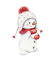 Cute funny snowman in a hat with a pompom sculpts a snowball. Watercolor illustration. Christmas winter clipart for postcards, scrapbooking, holiday design. Happy New Year