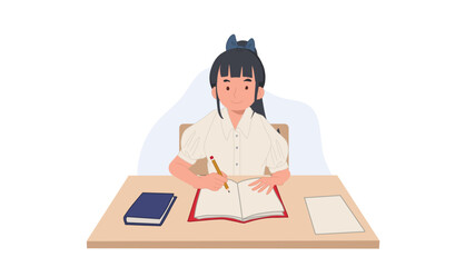 girl in student Uniform is learning in classroom.lecturing. taking note in book. Asian student. Vector illustration.