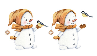 Cute cartoon snowman in a funny hat with a tit on the mitt. Watercolor kids illustration. Christmas winter clipart for postcards, scrapbooking, holiday design. Happy New Year