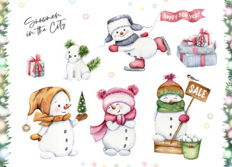 Watercolor collection of сute snowmen. Christmas hand drawn illustration. Funny characters set for winter holidays design. Templates for greeting cards, scrapbooking, congratulations, invitations