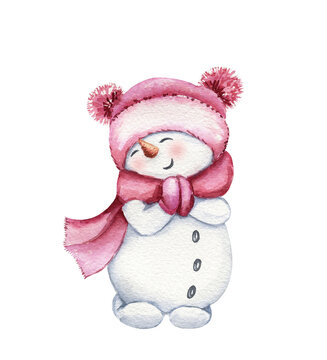 Cute funny snowman in a pink hat and scarf, snow woman. Watercolor snow girl illustration. Christmas winter clipart for postcards, scrapbooking, holiday design. Happy New Year