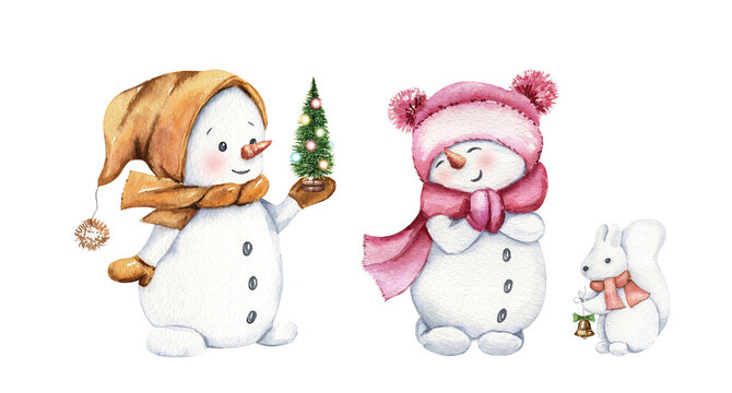 Cute cartoon snowmen composition, small Christmas tree, sparkling with lights, snow squirrel with a golden bell. Watercolor kids illustration. Christmas winter clipart,  holiday design. Happy New Year
