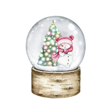 Watercolor Snowglobe With Funny Snowman And Christmas Tree Illustration Isolated On White Background. Crystal Snow Globe On Wooden Stand. New Year Winter Design 