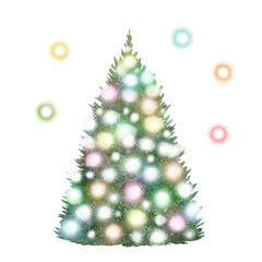 Christmas tree with bright glowing garland. Watercolor рand-painted illustration isolated on white background. New year winter design for cards, prints, scrapbooking, invitations