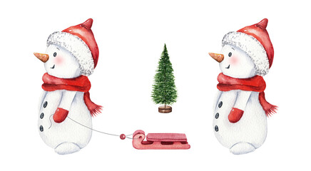 Cute funny snowman in a rad hat and scarf with sled and small Christmas tree. Watercolor illustration. Christmas winter clipart for postcards, scrapbooking, holiday design. Happy New Year