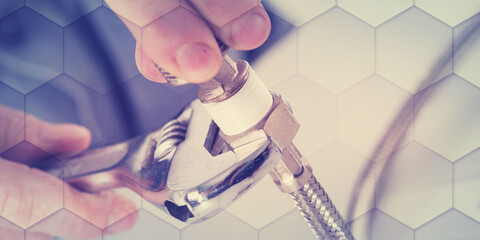 Plumber screwing plumbing fittings, geometric pattern