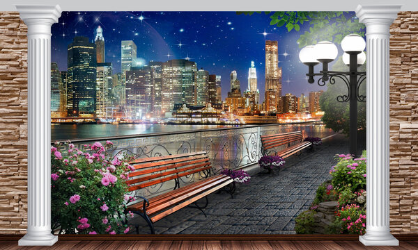 Photo wallpaper with the image of the night city. New York. USA.