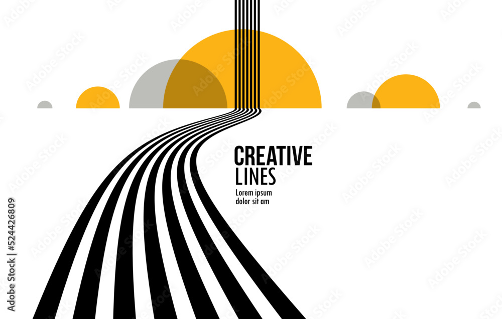 Poster 3d black and white lines in perspective with yellow elements abstract vector background, linear pers