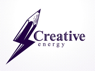 Creative energy power concept shown by pencil in a shape of lightning bolt, vector logo or icon, the power of idea, design and art, science invention or research.