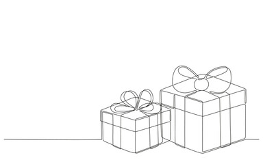 Gift box with ribbon for card, presentation on Christmas, birthday or holiday, continuous one art line drawing. Present box, wrapped package with ribbon bow. Surprise on party and celebration. Vector