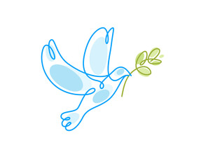 Obraz premium Peace dove with olive branch vector line art illustration isolated, flying bird symbol of peace and freedom, linear drawing.