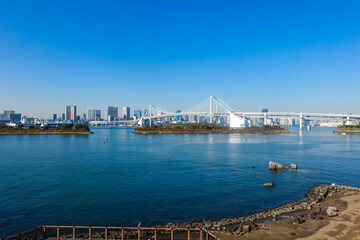 Fototapeta premium お台場から東京湾を跨ぐレインボーブリッジ