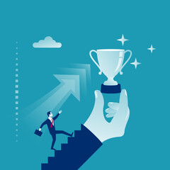 Businessman runs to the award. Motivation for success. The concept of successful people. Vector illustration flat design. Isolated on white background. Victory Cup in the hand.