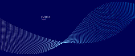Blue dots in motion dark vector abstract background, particles array wavy flow, curve lines of points in movement, technology and science illustration.