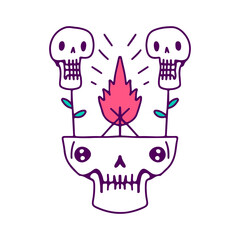 Hipster plant skulls with campfire, illustration for t-shirt, sticker, or apparel merchandise. With doodle, retro, and cartoon style.