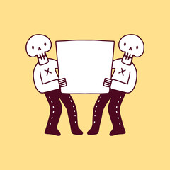 Funny skull character holding empty banner, illustration for t-shirt, sticker, or apparel merchandise. With doodle, retro, and cartoon style.