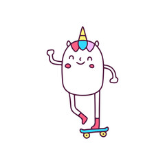 Adorable unicorn playing skateboard, illustration for t-shirt, street wear, sticker, or apparel merchandise. With doodle, retro, and cartoon style.