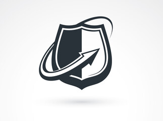 Shield with arrows logo vector, ammo protection symbol, antivirus or sport theme, insurance or guarantee.