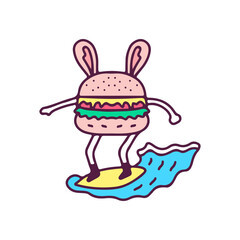 Cool bunny burger surfing, illustration for t-shirt, sticker, or apparel merchandise. With doodle, retro, and cartoon style.
