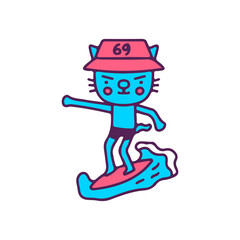 Cool cat wearing bucket hat surfing, illustration for t-shirt, sticker, or apparel merchandise. With doodle, retro, and cartoon style.