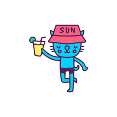 Hype cat wearing bucket hat holding lemon juice, illustration for t-shirt, sticker, or apparel merchandise. With doodle, retro, and cartoon style.