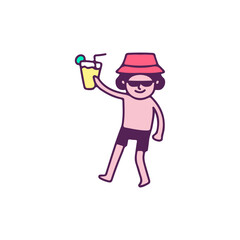 Cool beach boy in bucket hat holding lemon juice, illustration for t-shirt, sticker, or apparel merchandise. With doodle, retro, and cartoon style.