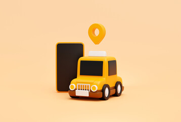 Taxi car with Pin pointer mark location and smartphone for online transportation service concept web banner cartoon icon or symbol background 3D illustration