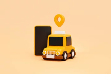 Tuinposter Taxi car with Pin pointer mark location and smartphone for online transportation service concept web banner cartoon icon or symbol background 3D illustration © mamewmy