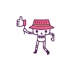 Cool skull wearing bucket hat holding like button, illustration for t-shirt, sticker, or apparel merchandise. With doodle, retro, and cartoon style.