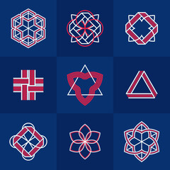 Graphic design elements for logo creation, intertwined lines vintage style icons collection, abstract geometric linear symbols vector set.