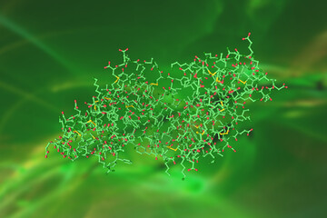 Myotoxin II from Bothrops moojeni co-crystallized with Varespladib. Molecular model on green background. Rendering based on protein data bank entry 6pwh. 3d illustration