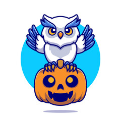 Cute Owl With Pumpkin Halloween Cartoon Vector Icon 
Illustration. Animal Holiday Icon Concept Isolated Premium 
Vector. Flat Cartoon Style