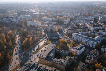 Aerial drone photo of Aviator Monument in Warsaw city, Poland