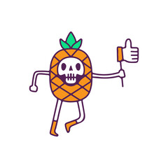 Kawaii pineapple skull holding like button, illustration for t-shirt, street wear, sticker, or apparel merchandise. With doodle, retro, and cartoon style.
