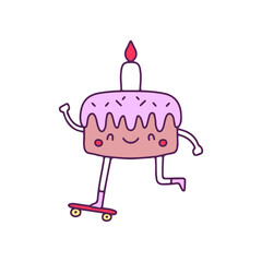 Kawaii birthday cake character riding skateboard, illustration for t-shirt, street wear, sticker, or apparel merchandise. With doodle, retro, and cartoon style.