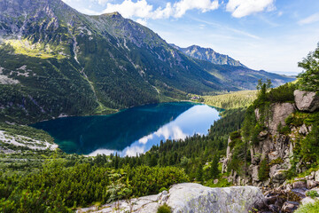 Naklejka na ściany i meble Panoramic view of lake Morskie Oko or Eye of the Sea, Tatra mountains near Zakopane, Poland