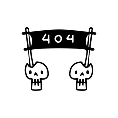 Funny skulls head with error 404 message, illustration for t-shirt, sticker, or apparel merchandise. With doodle, retro, and cartoon style.