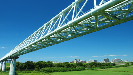 真夏の土手から見る江戸川河川敷とガス導管のある風景