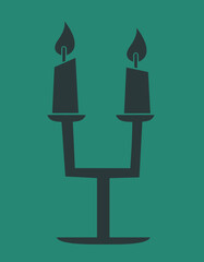 Candelabra with two burning candles. Halloween design element in black flat style.