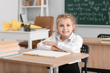 Fototapeta na wymiar Cute little first-grader sitting at desk in classroom
