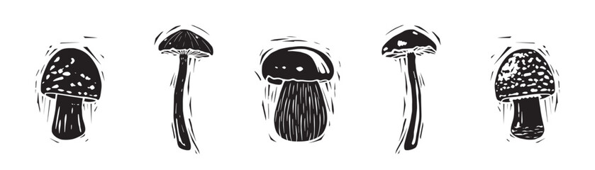 set of mushrooms in linocut style - 524430843