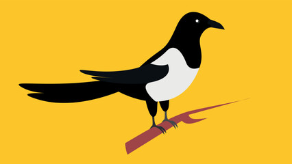 magpie on a branch on a yellow background