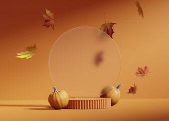 3D background. Orange Podium display with pumpkin and autumn leaf. Cosmetic, beauty product promotion. Fall pedestal with  natural shadow.  Halloween showcase. Abstract minimal  3D render mockup.