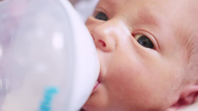 newborn drinks milk from a bottle. happy family artificial nutrition milk powder kid dream concept. newborn close-up lifestyle eating. newborn baby drinking milk from a bottle