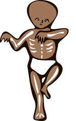 Children baby in Halloween skeleton costumes. a small child in a cute skeleton costume sad standing on one leg. funny cute baby cartoons. Vector illustration