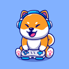 Cute Shiba Inu Dog Gaming Cartoon Vector Icon Illustration.  Animal Technology Icon Concept Isolated Premium Vector.  Flat Cartoon Style © catalyststuff